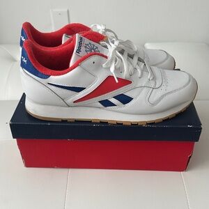 Reebok Classic White Sneakers with Red and Blue Accents